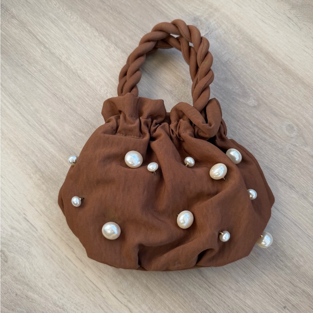 Staud Elegant Brown Handbag with Pearl Accents